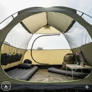 Interior view of a 3-man dome tent showing enough head height and storage for UK festival camping.