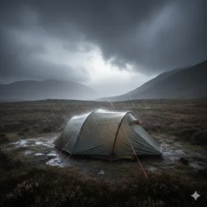 A sturdy backpacking tent pitched low to the ground to withstand Scottish wind and rain.