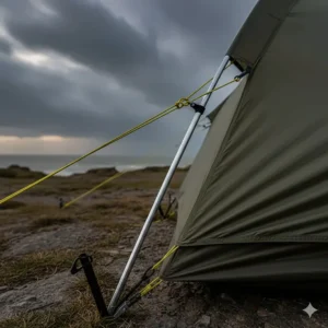 Detailed shot of sturdy alloy poles and guylines designed to withstand high winds on British coastal campsites.