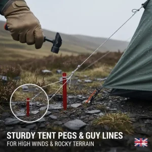 A gloved hand using a mallet to secure a sturdy red alloy tent peg into rocky ground, showing stability for high winds in the UK highlands.