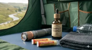 A vis-à-vis tent secured with reinforced guy lines and heavy-duty pegs to ensure stability during windy weather on a UK moorland.