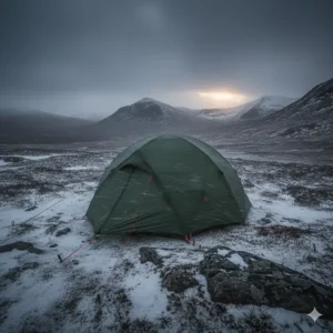 A sturdy winter camping tent with reinforced guy lines standing firm against high winds on a Scottish moor.