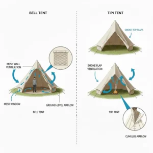 Illustration of wall vents in a bell tent versus the smoke flap and top-opening ventilation of a tipi.
