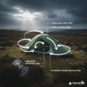 A diagram showing the cross-ventilation system of a tent with arrows indicating airflow through high-level apex vents and low-level intakes.