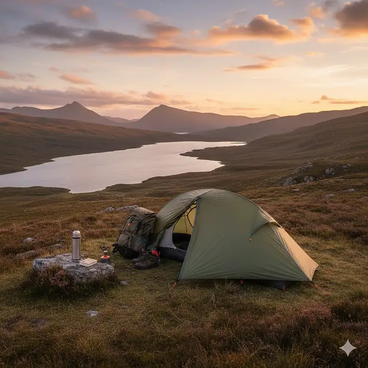 A green lightweight tent pitched for wild camping in the Scottish Highlands overlooking a loch at sunset. tent wild camping scotland