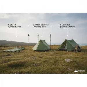 An instructional illustration showing the three-step pitching process of a trekking pole tent on a grassy moorland.