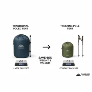 A comparison graphic showing a traditional poled tent at 2.8kg versus a trekking pole tent at 0.9kg on digital scales.