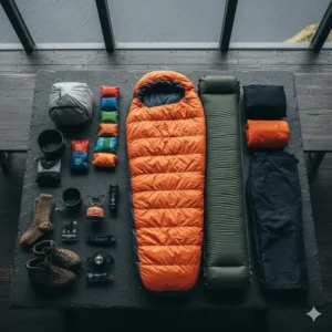 Flat lay of ultralight wild camping gear suitable for the Scottish climate including a warm sleeping bag.