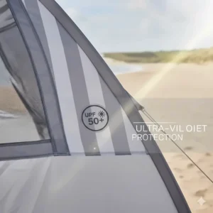 Close-up of a beach tent with UPF 50+ fabric rating to protect skin from UV rays during a British summer.
