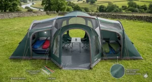 A detailed bird's-eye view illustration of a vis-à-vis tent floor plan showing the symmetry of the bedroom pods and central groundsheet.