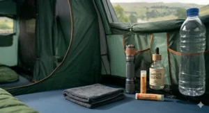 A close-up illustration of the colour-coded pole system and clips used for easy pitching of a large vis-à-vis style tent.