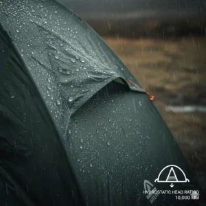A close-up illustration of rain beads on a tent flysheet, highlighting the high hydrostatic head rating suitable for unpredictable British weather.
