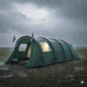 A sturdy green 10-person tent withstanding a heavy British rainstorm on a grass pitch, showing excellent water run-off.