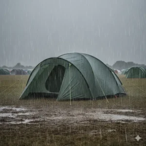 A sturdy festival tent with a high hydrostatic head rating shedding heavy rain in a muddy British field.
