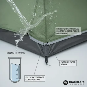 A close-up view of waterproof tent fabric with water droplets, highlighting factory-taped seams and a high hydrostatic head rating.
