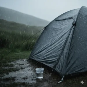 Close-up of a waterproof instant tent with taped seams and high hydrostatic head rating during a rainy day in the UK.