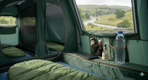 Close-up of rain beading on the flysheet of a vis-à-vis tent with a high hydrostatic head rating suitable for the British climate.