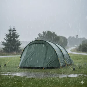 A sturdy green weekend camping tent with a high hydrostatic head rating standing firm during a heavy British rain shower.
