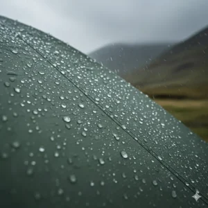 Detailed shot of rain beads rolling off the waterproof flysheet of a winter camping tent.