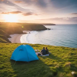 A blue dome-style weekend camping tent pitched on a clifftop overlooking a sandy beach and turquoise sea in Cornwall.