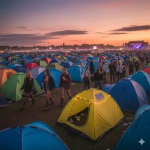 A sea of colourful weekend camping tents at a major British music festival during a summer sunset.