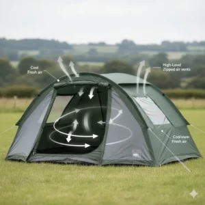 A technical illustration showing fresh air circulation and high-level zipped air vents on a green weekend camping tent.