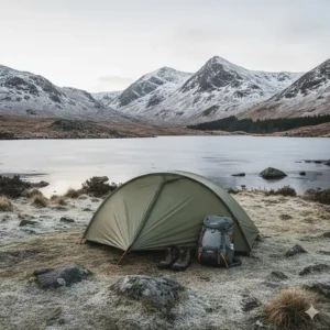 A lightweight winter camping tent for wild camping, pitched near a frozen tarn in the Lake District.