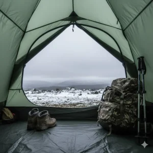A winter camping tent featuring a spacious porch area for storing muddy hiking boots and rucksacks.