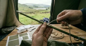 Close-up of a high-visibility guy line being threaded through a triangular plastic runner for improved wind stability.