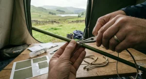 Illustration demonstrating how to re-thread elasticated shock cord through fibreglass tent pole sections.