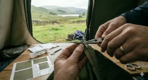 Illustration of a person using a zip lubricant stick on a heavy-duty double-way tent door zip to ensure smooth operation.