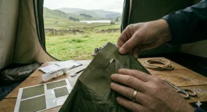 Illustration of a spray-on proofer being applied to weathered tent fabric to restore its original hydrostatic head rating.