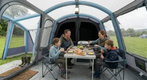 A British family sitting around a camping table inside the large living room of a multi-room tent while it rains outside.