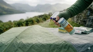 A person using a spray bottle to apply an even layer of waterproofing solution to the tent's outer fabric.