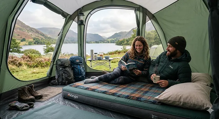 A high-quality double camping mattress for a tent set up inside a large family tunnel tent at a British campsite with a view of the Lake District fells. camping mattress for tent