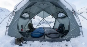A geodesic tent with a view through the open door toward a remote Scottish loch and rugged mountains, ideal for wild camping.