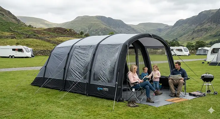 A high-quality photorealistic view of a modern Kampa inflatable air tent pitched on a scenic UK campsite in the Lake District, with a family relaxing in the foreground under soft, natural light. best kampa tent