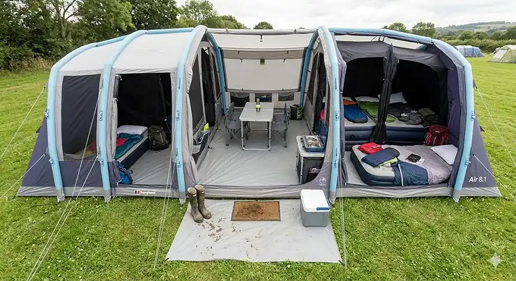 A large multi-room family tent pitched on a green campsite in the UK during summer, showing separate sleeping compartments and a central living area. best multi room tent