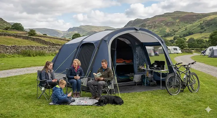 A diverse group of colleagues collaborating in a bright, modern London office, sharing ideas around a wooden table with laptops and reusable coffee cups. best outwell tent
