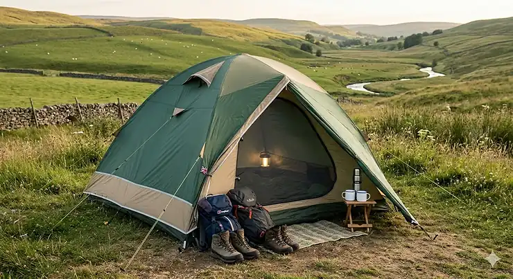 A premium green and tan double-berth camping tent pitched in a lush British meadow at sunset, showing a spacious entrance, sturdy guy lines, and two rucksacks. tent for couples