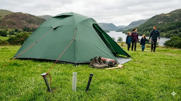 A selection of the best tent pegs for UK soil conditions, including heavy-duty rock pegs and lightweight alloy stakes, laid out on green grass. best tent pegs