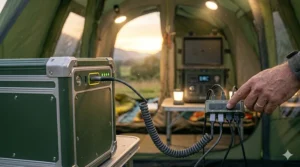 A close-up of a camper plugging a USB cable into a rugged portable power bank to charge tent lighting.