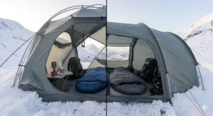 Close-up of steam rising through tent vents, demonstrating the ventilation system designed to reduce condensation in damp British weather.