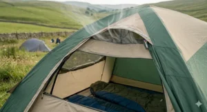 A detailed view of high-level mesh ventilation panels on the tent, showing subtle air vapour streams to demonstrate airflow and condensation reduction.