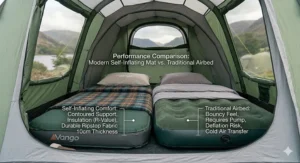 A side-by-side performance comparison between a modern self-inflating camping mattress for a tent and a traditional PVC airbed, highlighting warmth and support.