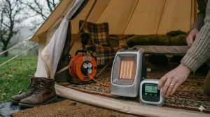 A digital carbon monoxide detector showing a zero reading, placed next to a heater inside a tent to illustrate essential camping safety.