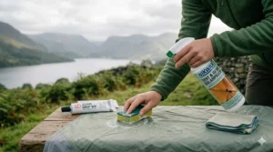 A camper hand-cleaning the green tent flysheet with a sponge and specialist cleaner to remove dirt.