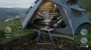 A camper using a camping stove within the tent porch or vestibule to ensure steam and moisture from cooking stay out of the main inner tent.