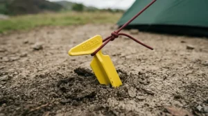 High-visibility yellow Delta ground anchors used to secure a large family tent against strong British winds.