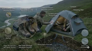 A British camper using a microfibre cloth to wipe down the exterior flysheet before packing the tent away to prevent mould and damp.